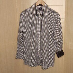 English Laundry Brown Blue White Check Contrasting Cuff Shirt 17 1/2 -34/35